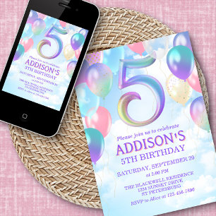 Raparigas 5 Birthday Rainbow Balloons Convite