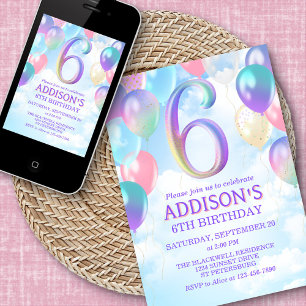 Raparigas 6 Birthday Rainbow Balloons Convite