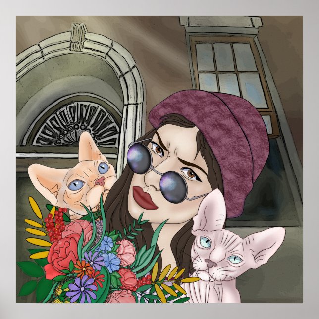 Raparigas com Impressão de gatos, Papel Poster de  (Frente)