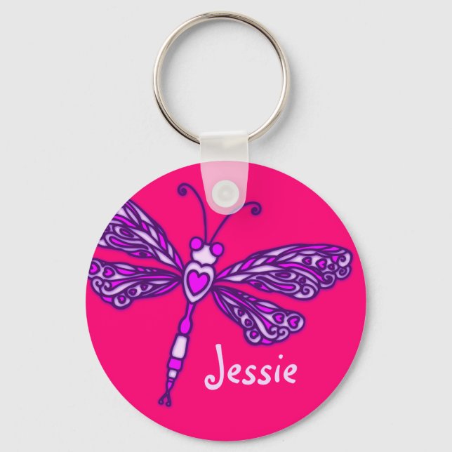 Raparigas Dragonfly nome roxo rosa chaveiro (Frente)