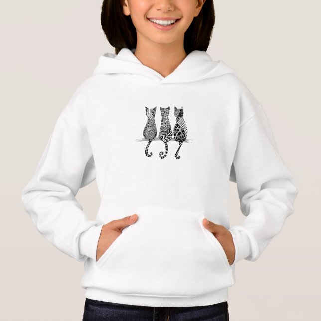 Raparigas Hoodie com três gatos pretos e brancos (Frente)