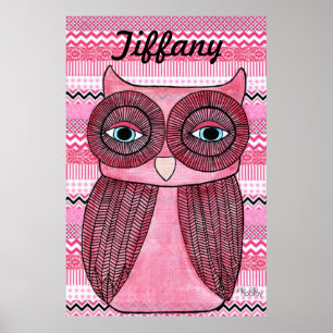 Raparigas Rosa Sala Chevron Stripes Owl Poster