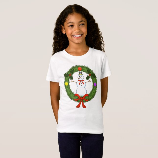 Raparigas Snowman na Camisa Feriada de Wreath (Frente Completa)