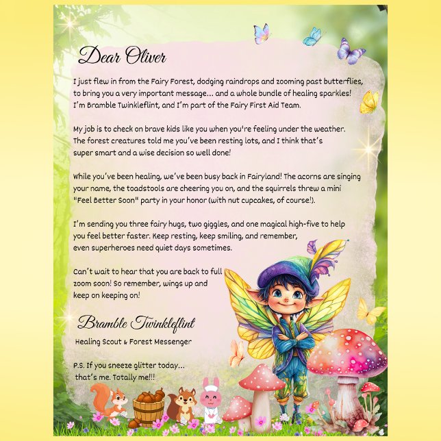 Rapazes Letra Fada Bem Em Breve - Personalizada (Boys Get Well Soon Fairy Letter – Personalized Printed Note from Bramble Twinkleflint)