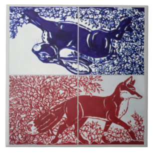 Raposa, Coelho Floral Azul Naval Vermelho Desenho