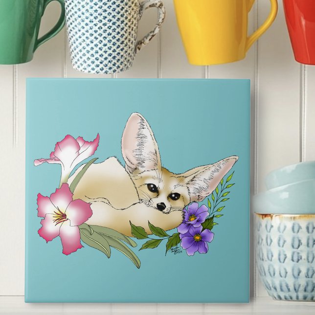 Raposa Fennec Flores Rosa Roxo Fofo Botânico Azul (Criador carregado)