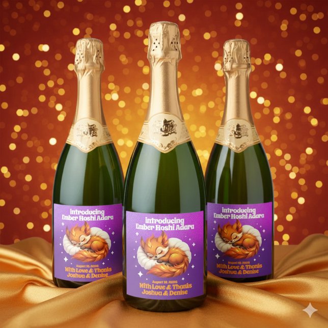 Raposa Fofa Dormindo em Folhas Chá de Bebê (Cute Fox Cub Sleeping in Starry Sky Baby Shower Sparkling Wine Labels Cover Photo)