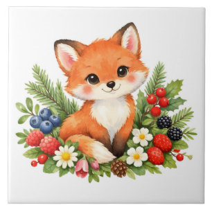 Raposinha em aquarela com frutas silvestres e flor