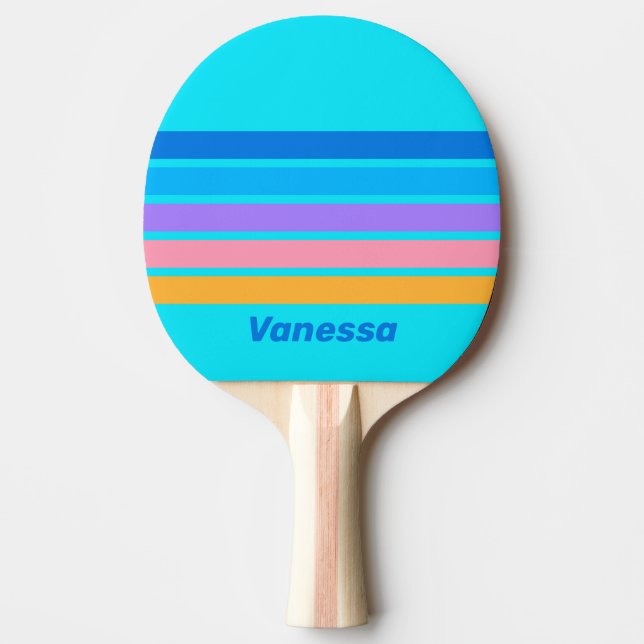 Raquete De Ping Pong 80s Neon Ocean Sky Across Striping with Name (Frente)