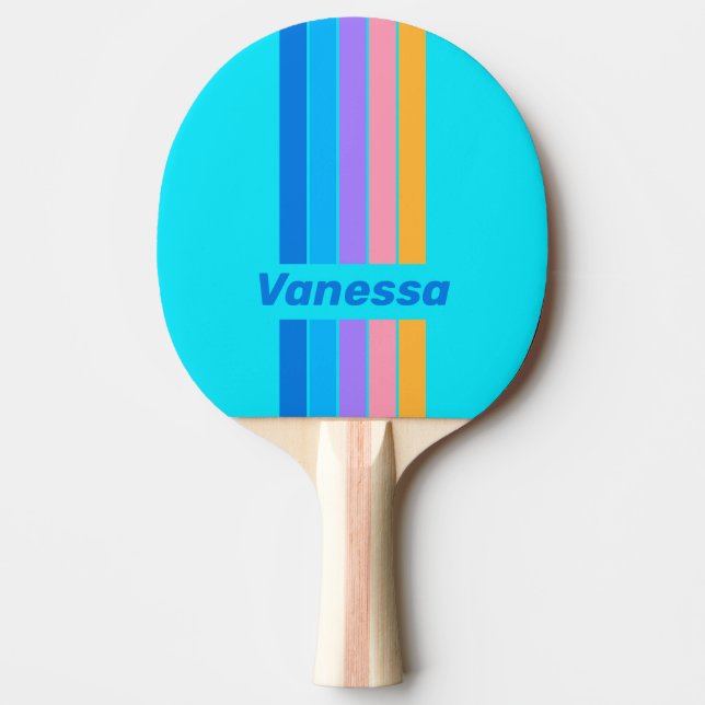 Raquete De Ping Pong 80s Neon Ocean Sky Pin Striped with Name (Frente)