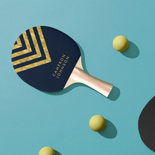 Raquete De Ping Pong Adicionar Nome Azul Escuro e Faux Dourado Chevron (Criador carregado)