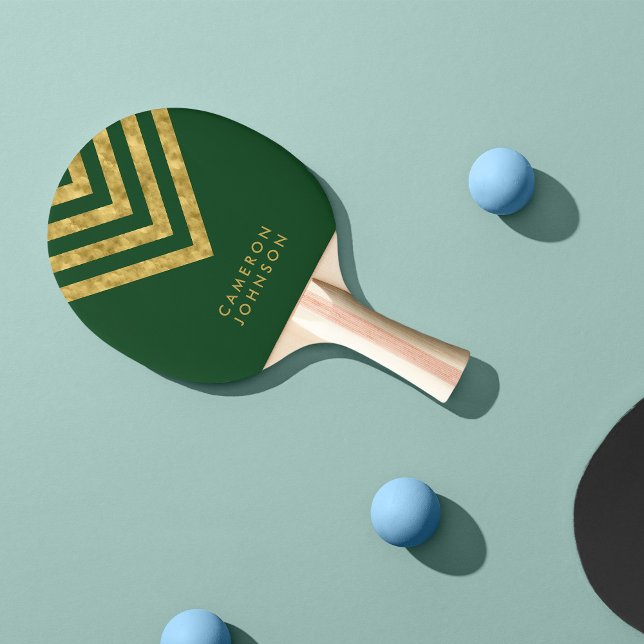 Raquete De Ping Pong Adicionar Nome Verde e Faux Dourado Chevron (Criador carregado)
