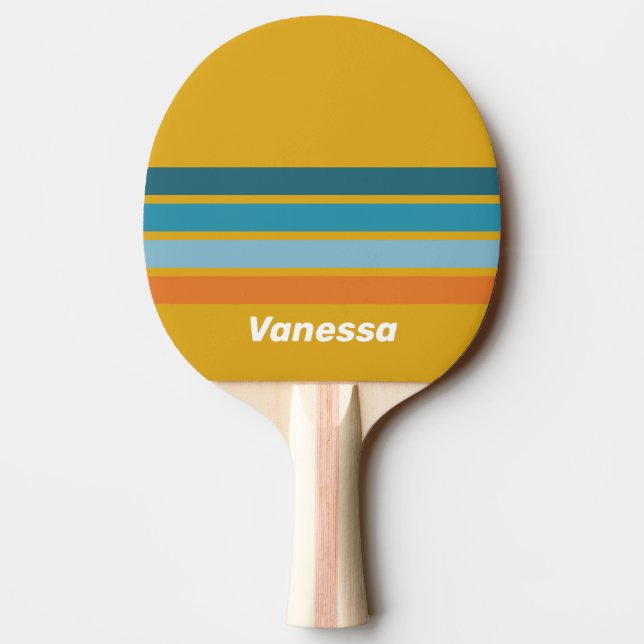 Raquete De Ping Pong Amarelo Retro em Listras com Nome (Verso)