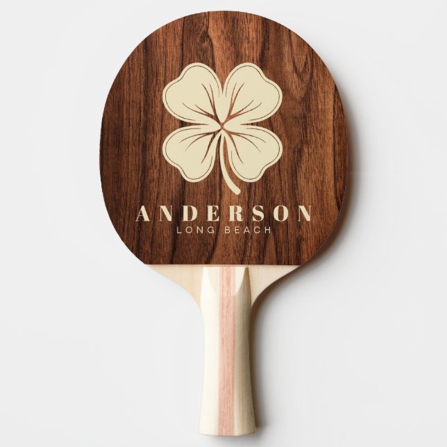 Raquete De Ping Pong Antique Cherry Wood Four Leaf Clover with Name (Verso)