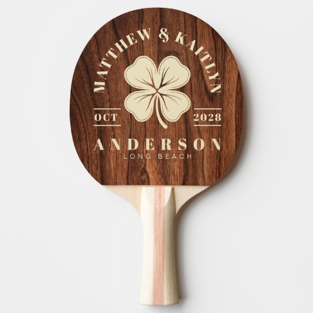 Raquete De Ping Pong Antique Cherry Wood Irish Clover Wedding Crest (Frente)
