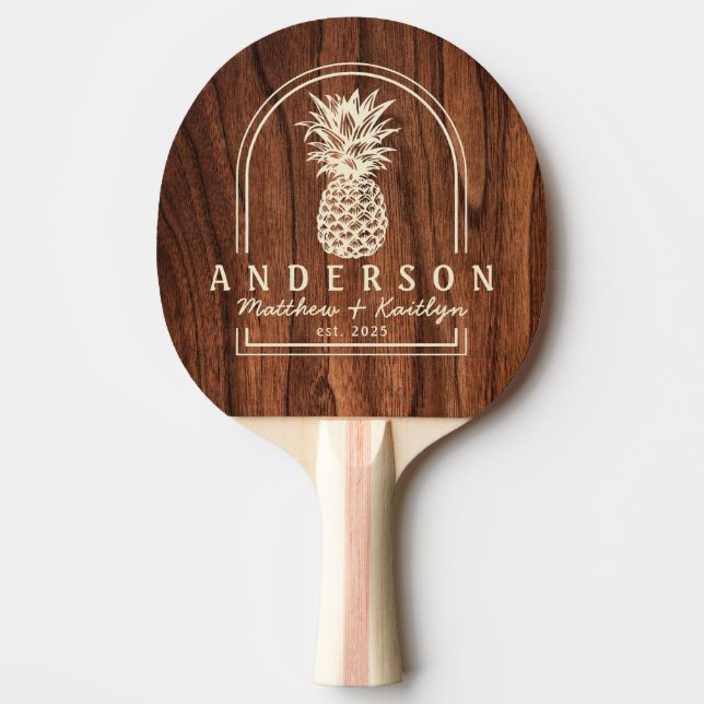 Raquete De Ping Pong Antique Cherry Wood Pineapple Wedding Arch & Name (Frente)
