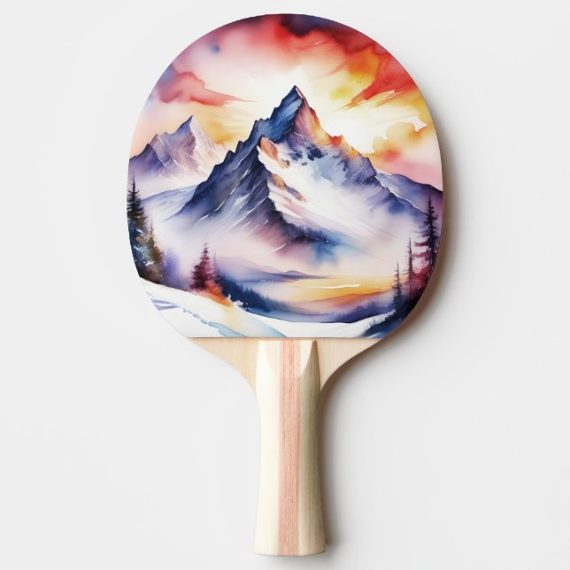 Raquete De Ping Pong Aquarela de neve coberta de montanhas sob o céu ve (Frente)