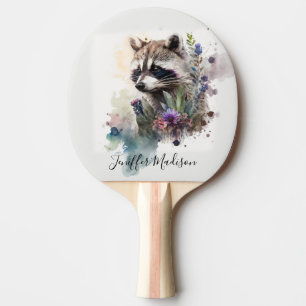 Raquete De Ping Pong Aquarela Guaxinim Fofo Flores de Primavera