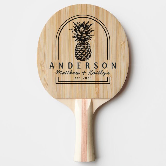 Raquete De Ping Pong Arco de Noiva de Abacaxi de Bambu Branco & Nome (Frente)