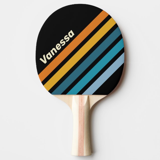Raquete De Ping Pong Arco-íris Preto com Faixas em Ângulo e Nome (Frente)