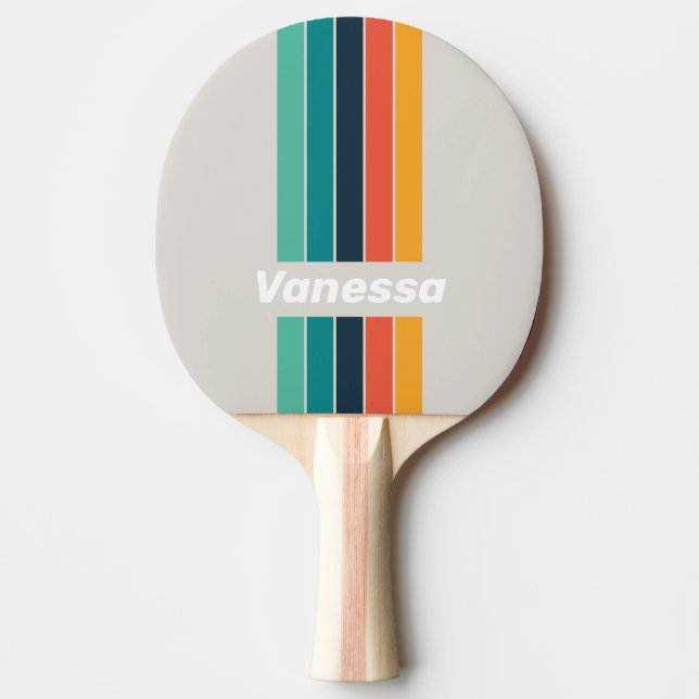Raquete De Ping Pong Arco-íris Retro do Oceano com Faixas e Nome (Frente)