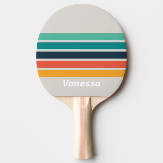 Raquete De Ping Pong Arco-íris Retro Oceano com Faixas e Nome (Frente)