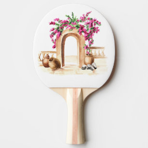 Raquete De Ping Pong Arquitetura mediterrânica, flores, aquarela, h
