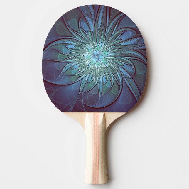Raquete De Ping Pong Arte Fractal de Flor Azul Moderno, Abstrato Trendy (Frente)