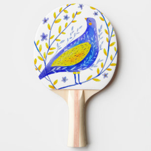 Raquete De Ping Pong Arte Moderna de Pássaro Azul e Amarelo em Aquarela