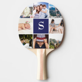 Raquete De Ping Pong Azul de Colagem Personalizada de 8 Fotos Monograma