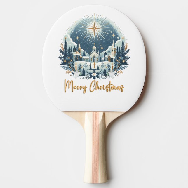 Raquete De Ping Pong Azul Feliz Natal e ouro (Frente)