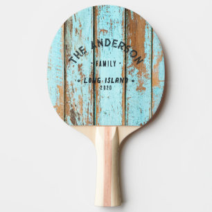 Raquete De Ping Pong Azul Lavagem Madeira Vintage Nome Família Praia