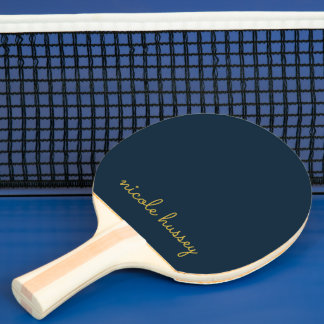 Raquete De Ping Pong Azul Marinho Dourado Script | Monograma Moderno El