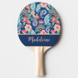 Raquete De Ping Pong Azul Real Turquesa Laranja Floral Vintage Paisley