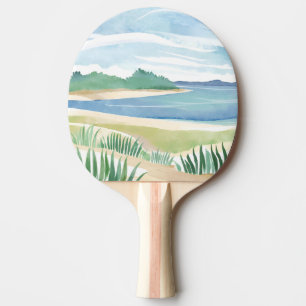 Raquete De Ping Pong Baía de Grama de Praia Oceano em Aquarela Costa