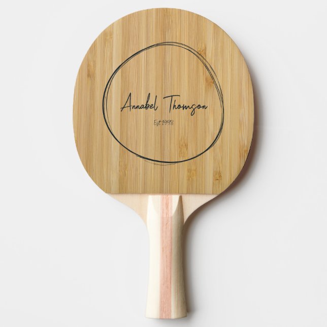 Raquete De Ping Pong Bambu Escuro Nome em Círculo Desenhado (Frente)