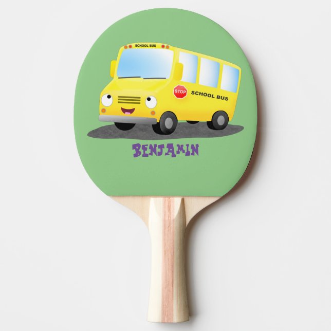 Raquete De Ping Pong Banda branca e feliz de ônibus escolar amarelo (Frente)