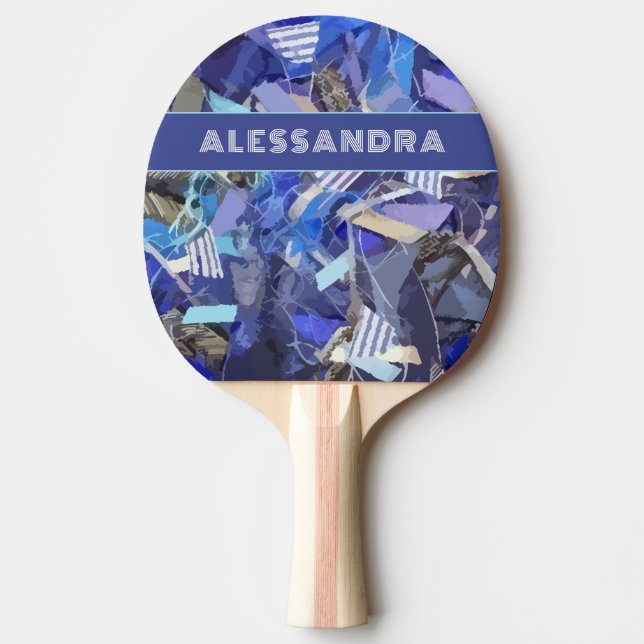 Raquete De Ping Pong Banda de abstrato azul monograma branca roxa (Frente)