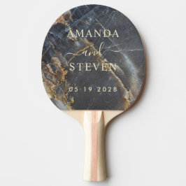 Raquete De Ping Pong Black Marble & Gold Couple Names with Wedding Date