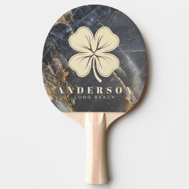 Raquete De Ping Pong Black Marble & Gold Four Leaf Clover with Name (Frente)