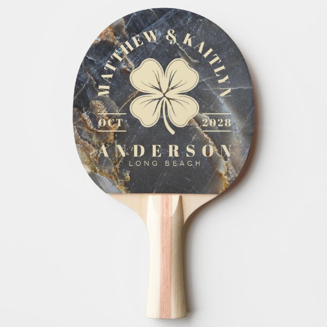 Raquete De Ping Pong Black Marble Gold Irish Lucky Clover Wedding Crest (Frente)