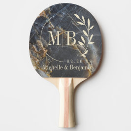 Raquete De Ping Pong Black Marble & Gold Stone Leaf Wedding Monogram