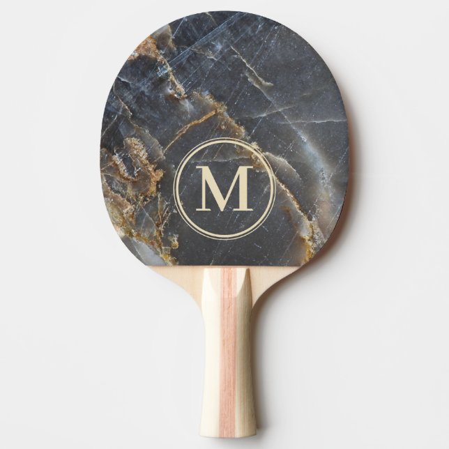 Raquete De Ping Pong Black Marble & Gold Stone Stone Monogram (Frente)