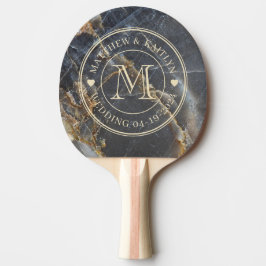 Raquete De Ping Pong Black Marble & Gold Stone Wedding Monogram Heart