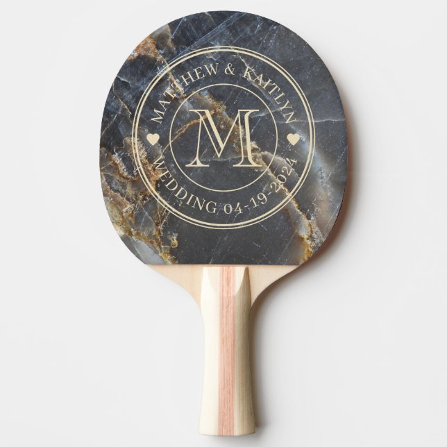 Raquete De Ping Pong Black Marble & Gold Stone Wedding Monogram Heart (Frente)