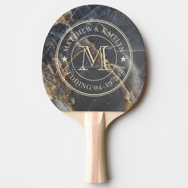 Raquete De Ping Pong Black Marble & Gold Stone Wedding Monogram Star (Frente)