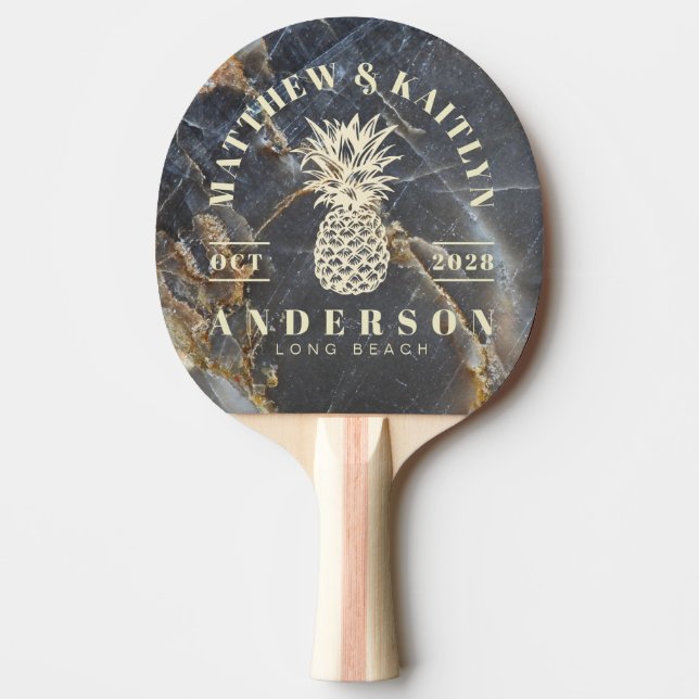 Raquete De Ping Pong Black Marble Gold Tropical Pineapple Wedding Crest (Frente)