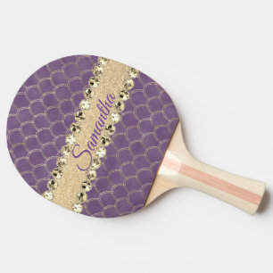 Raquete De Ping Pong Bling de diamante de folhas roxas e douradas perso