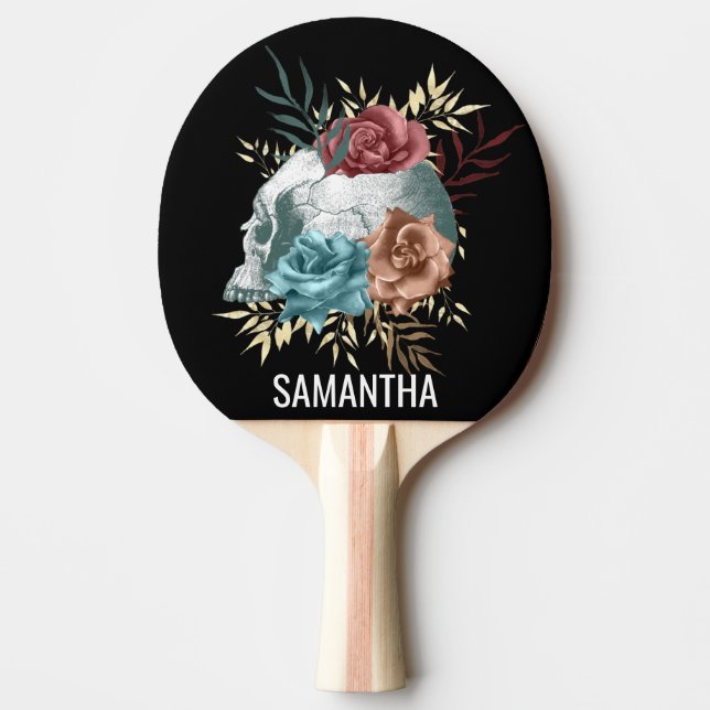 Raquete De Ping Pong Boho Gótico Crânio Floral Nome Personalizado (Frente)