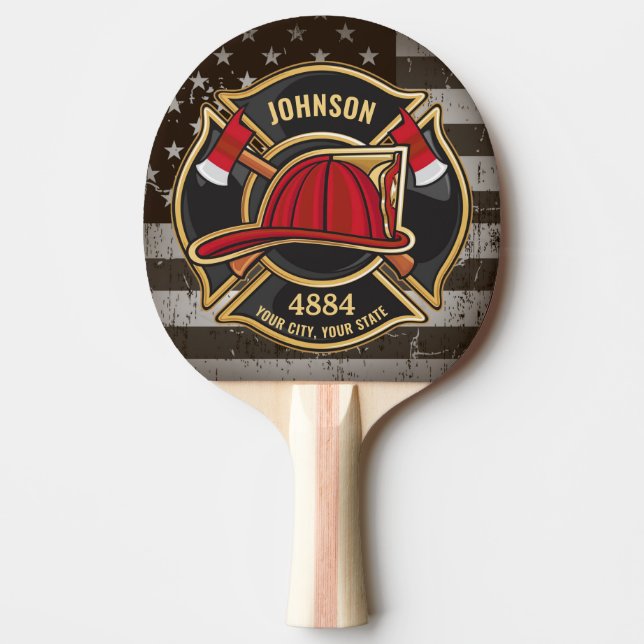 Raquete De Ping Pong Bombeiro NOME Fireman Fire Department USA Flag (Frente)
